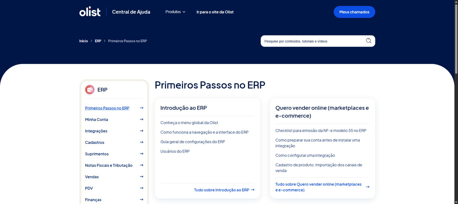 Captura de Primeiros passos no ERP Olist: referência pública para localizar informações oficiais